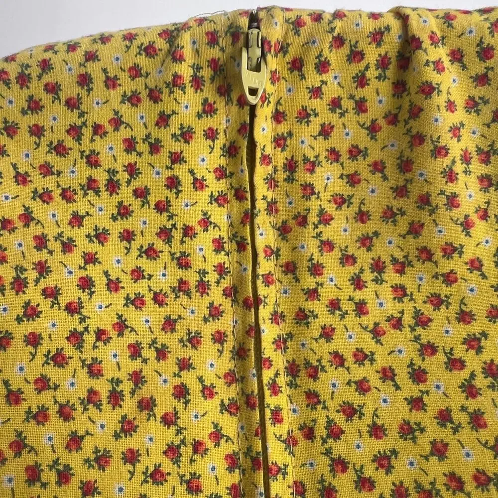 Vintage Woven Wood Picnic Basket Yellow Floral Zip Fabric Cover Cottagecore MCM